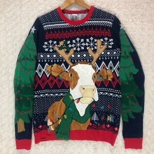 Holiday Time Ugly Christmas Sweater Cow Reindeer Lights Tree Mens M‎